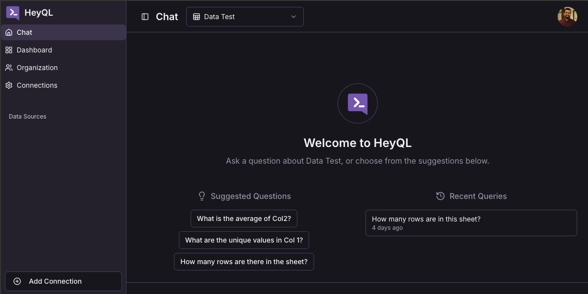 A screenshot of the HeyQL application's chat interface, showing an AI-generated chart in response to a user's question.